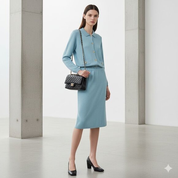 Vintage Mita Blue Knit Button Front Longsleeve Cardigan Top & Skirt Set Size 12P - Picture 8 of 14